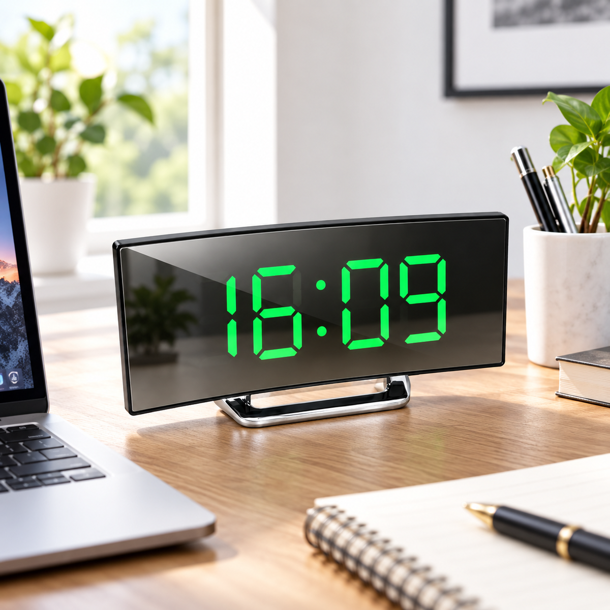 Digitaler Wecker mit LED-Spiegel und gebogenem Display