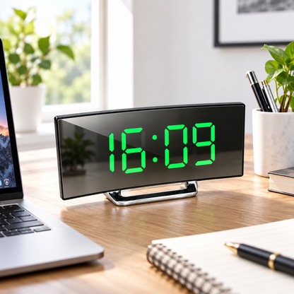 Digitaler Wecker mit LED-Spiegel und gebogenem Display