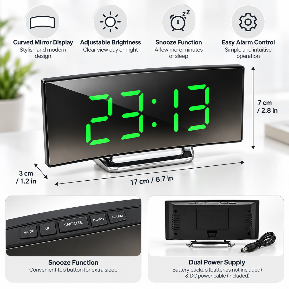 Digitaler Wecker mit LED-Spiegel und gebogenem Display