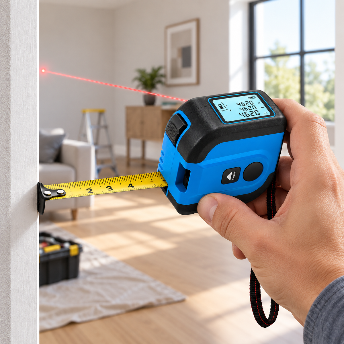 Digitales Maßband und Laser-Entfernungsmesser im kompakten Design