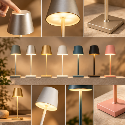 Lámpara de mesa LED inalámbrica regulable con base metálica táctil moderna