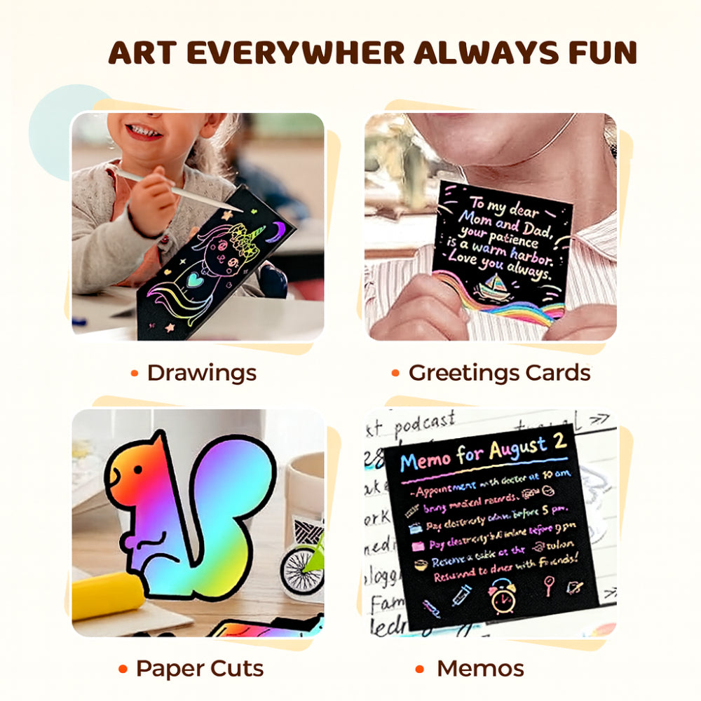 Juego de manualidades de arte de rascar con papel para dibujar y arcoíris