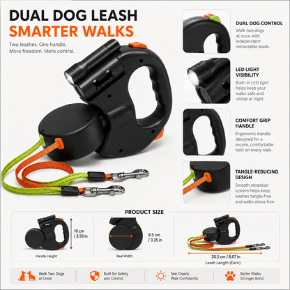 Guinzaglio doppio per cani con luce LED e design a mani libere
