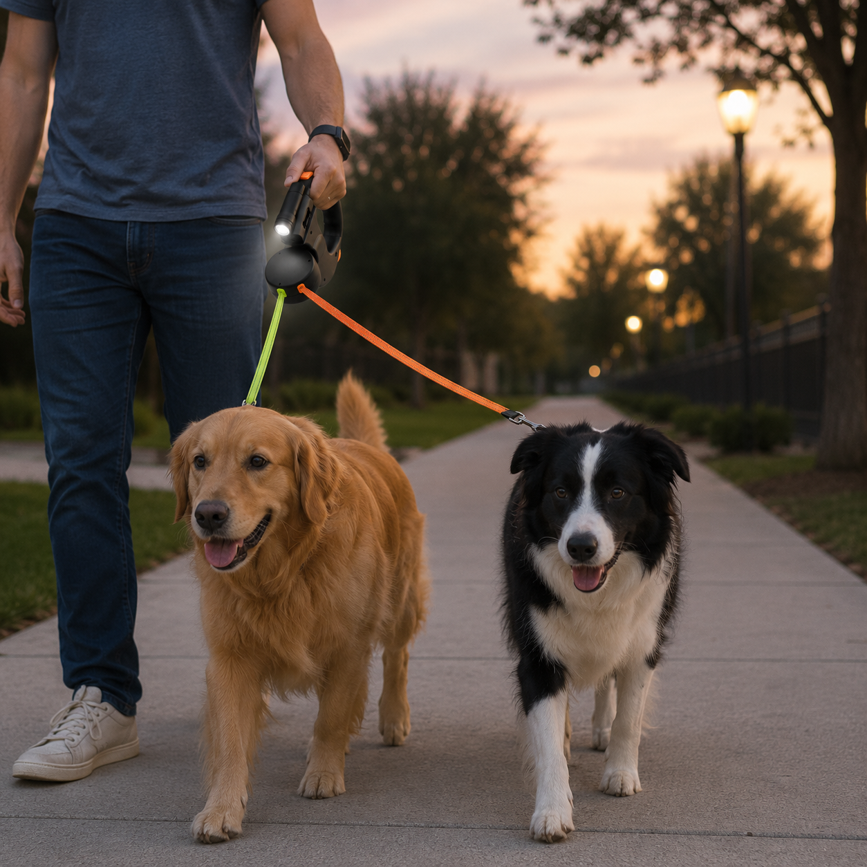 Guinzaglio doppio per cani con luce LED e design a mani libere