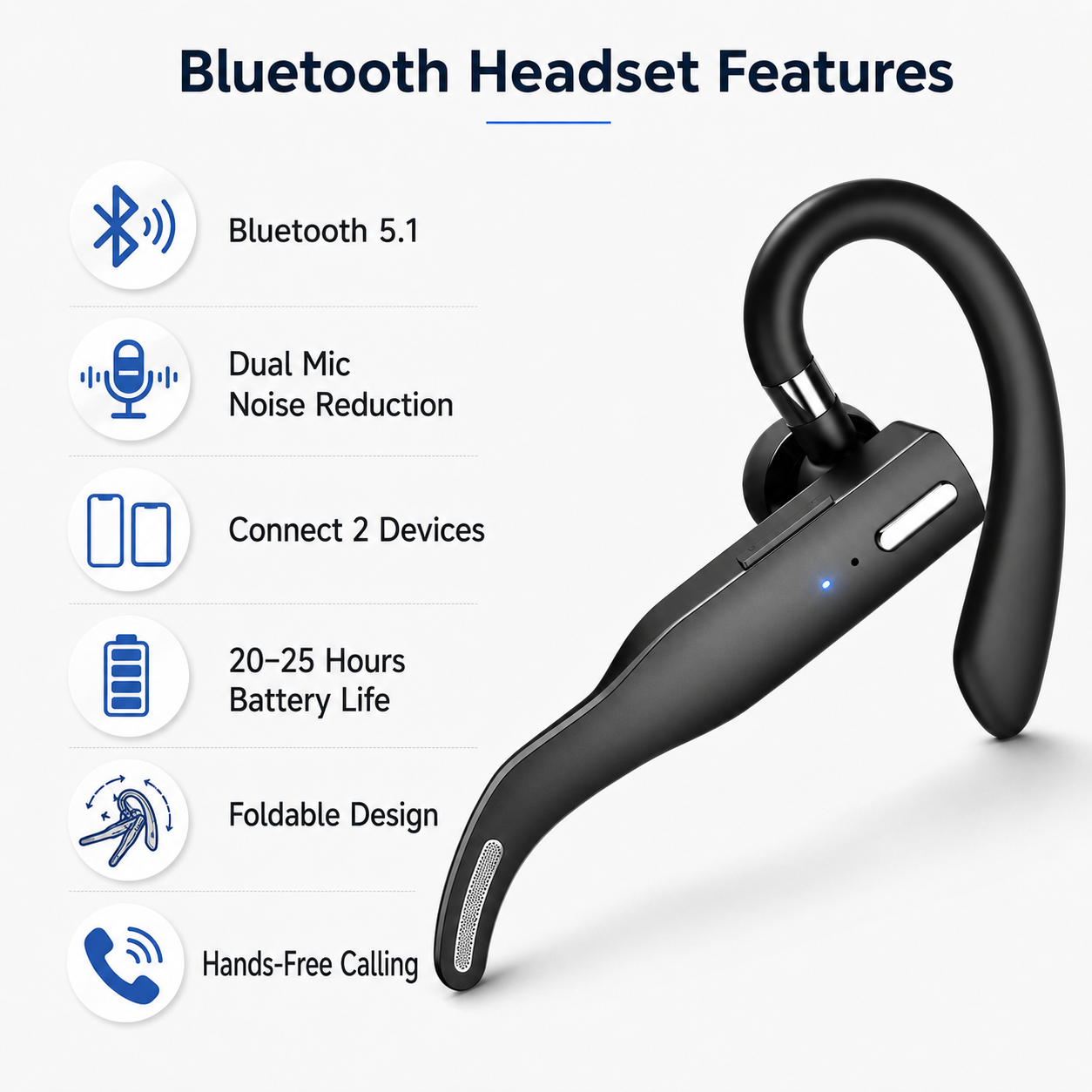 Bluetooth-Headset mit zwei Mikrofonen, Geräuschunterdrückung und faltbarem Design