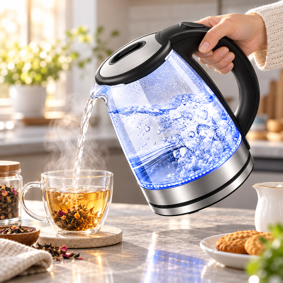 Bollitore elettrico in acciaio inox, senza filo, con spegnimento automatico