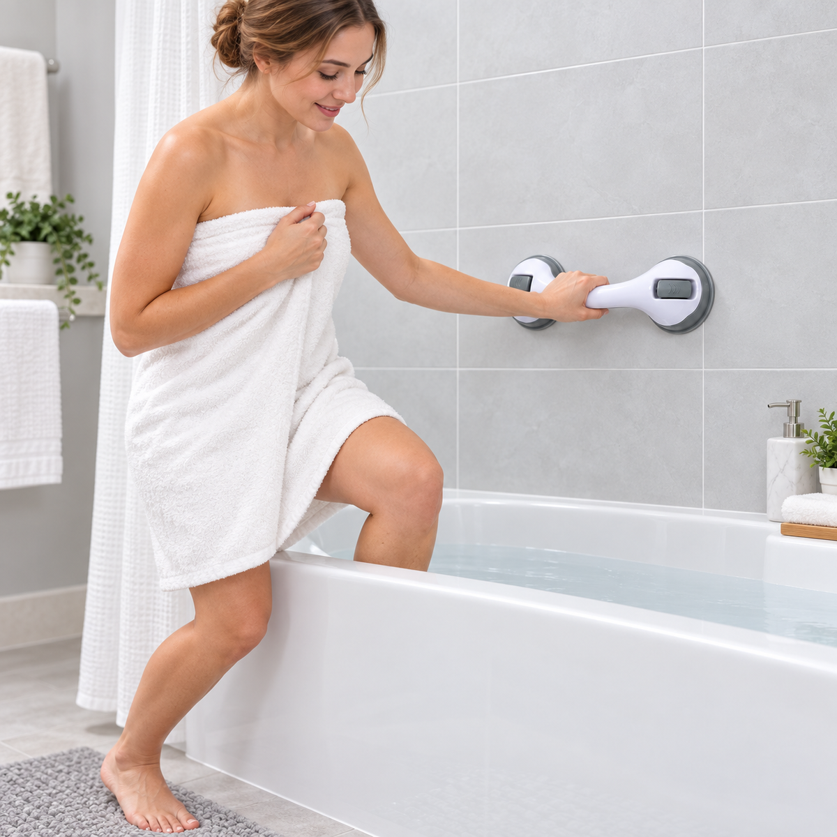 Barra de apoyo ergonómica con ventosas, ajustable, para la seguridad en el baño