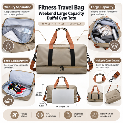 Bolsa de viaje deportiva de fin de semana, bolsa de lona grande y espaciosa para el gimnasio