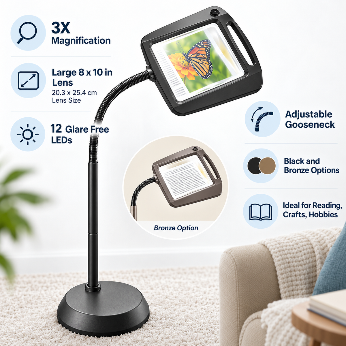 Lampada da terra con lente d'ingrandimento, lente grande, LED, altezza regolabile