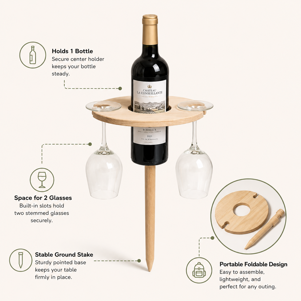 Mesa plegable para vino, portátil, para uso al aire libre en picnics