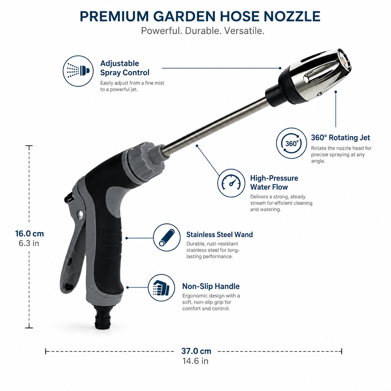 Garden Hose Nozzle Adjustable Stainless Steel High Pressure