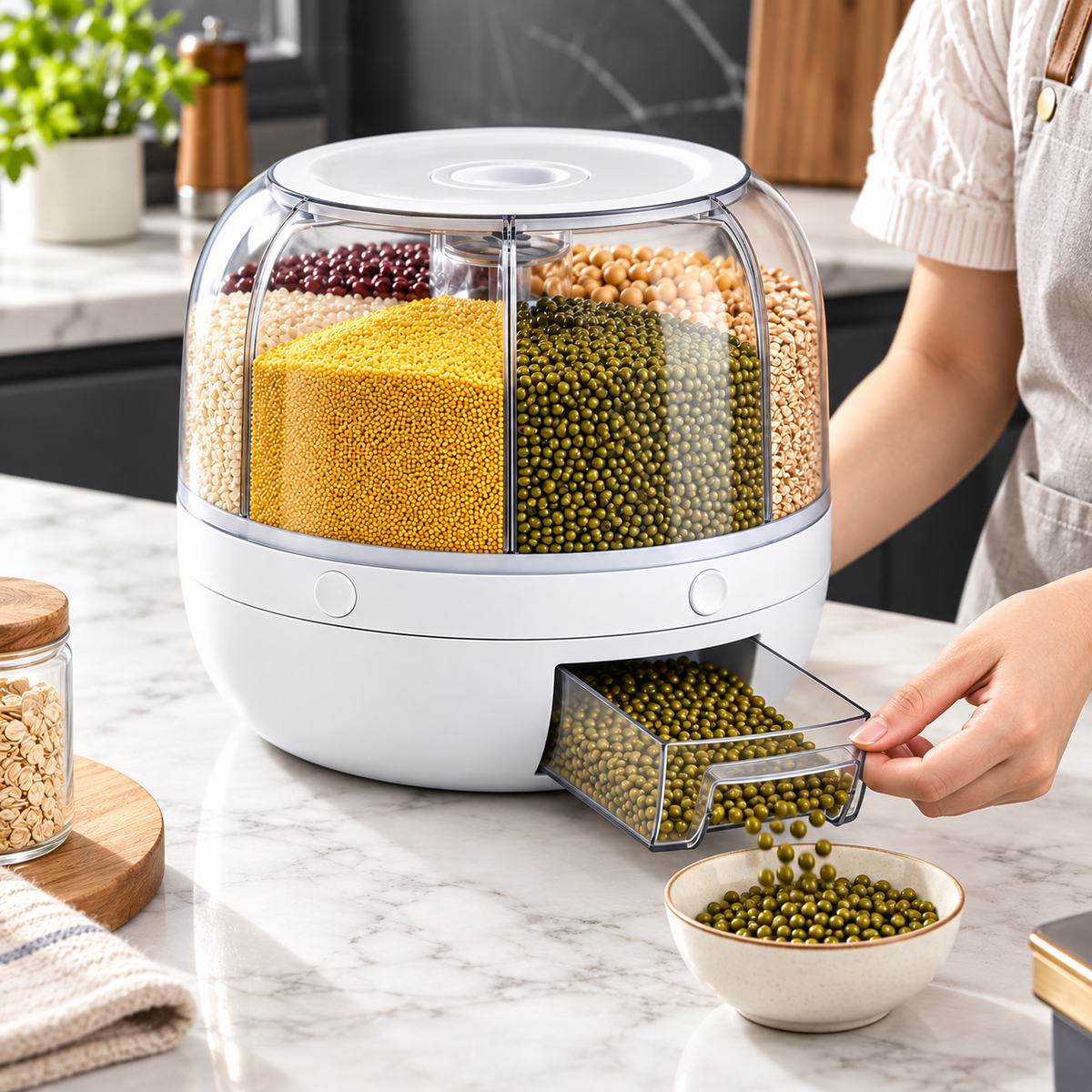 Recipiente de almacenamiento de cereales con tapa hermética, compartimento y apilable