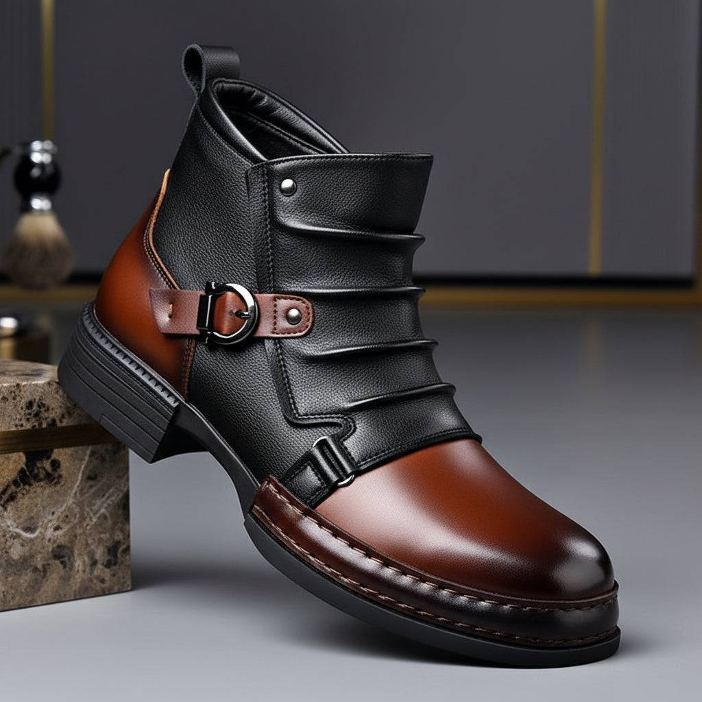 Men Ankle Boots Leather Buckle Side Zip Casual Dress Shoes