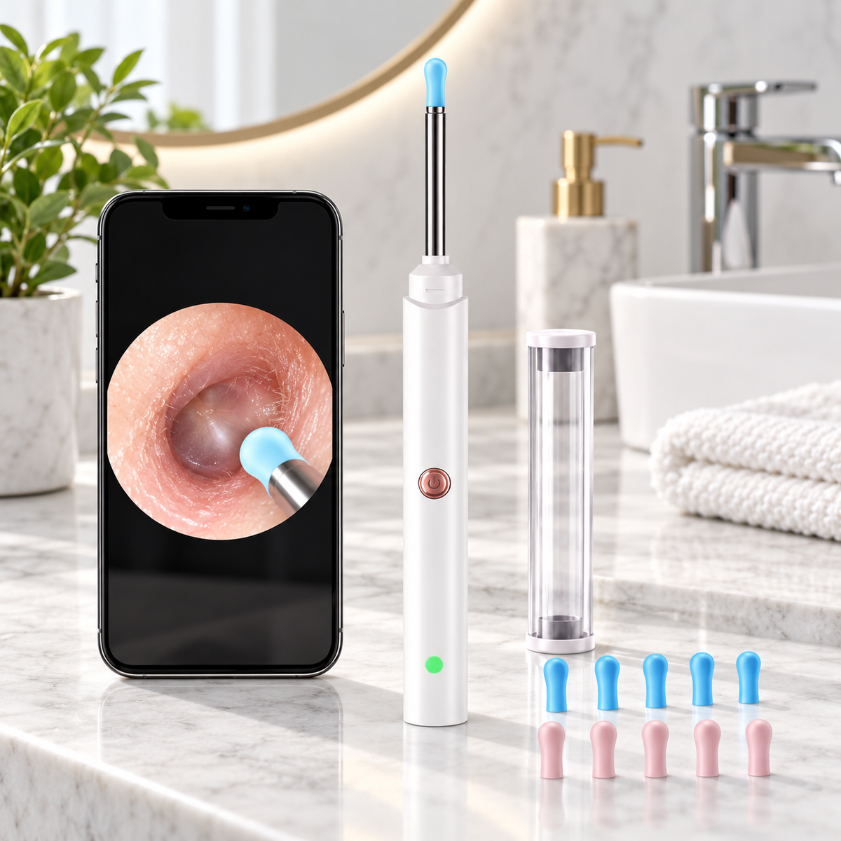 Ørerenseværktøj med HD-kamera, genopladeligt LED-otoskop