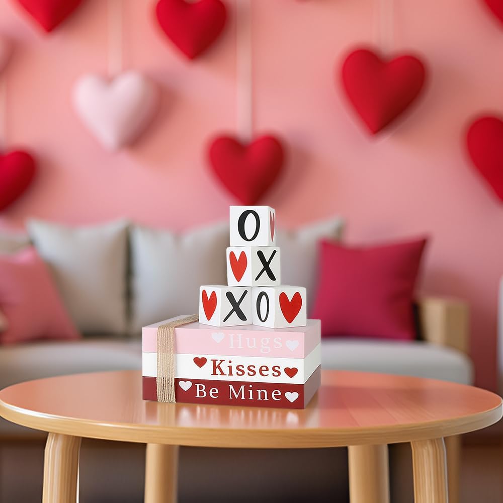 Decoração de Mesa Empilhamento de Livros de Madeira com Coração para Dia dos Namorados Sinais de Estante
