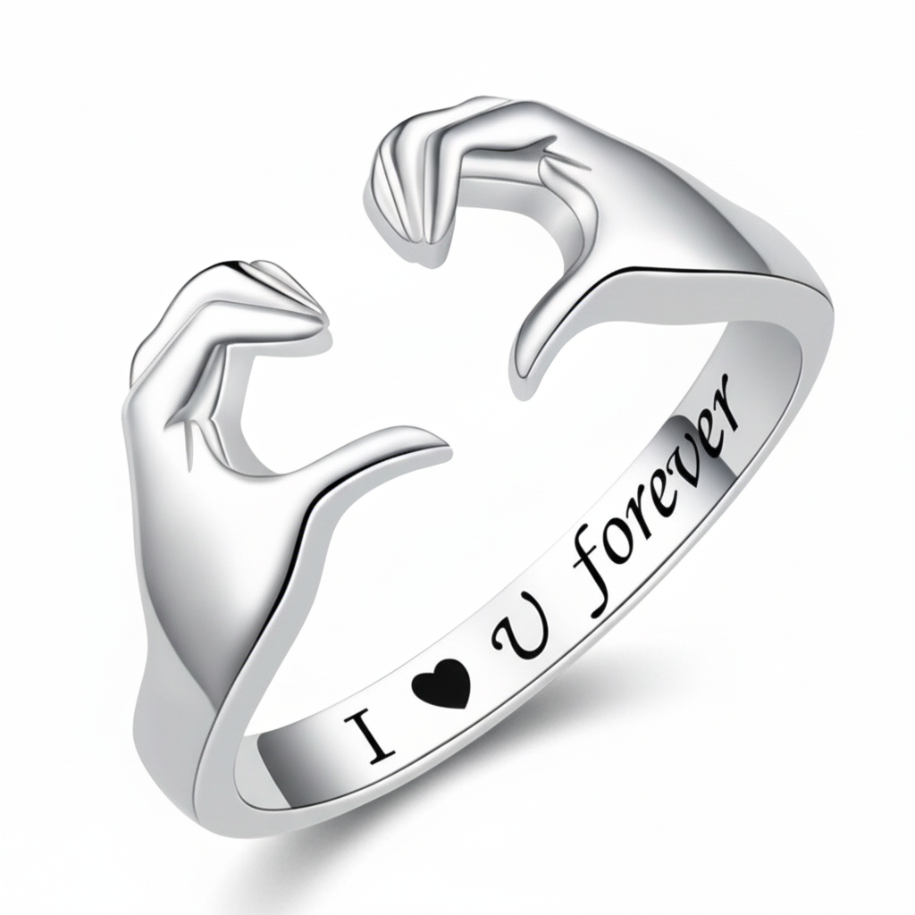 Anello Regolabile Abbraccio Amore Placcato Oro Bianco in Lega di Zinco