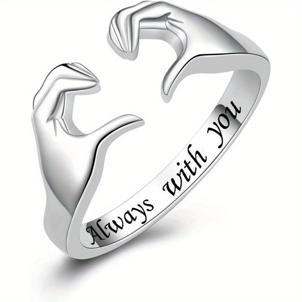Anello Regolabile Abbraccio Amore Placcato Oro Bianco in Lega di Zinco