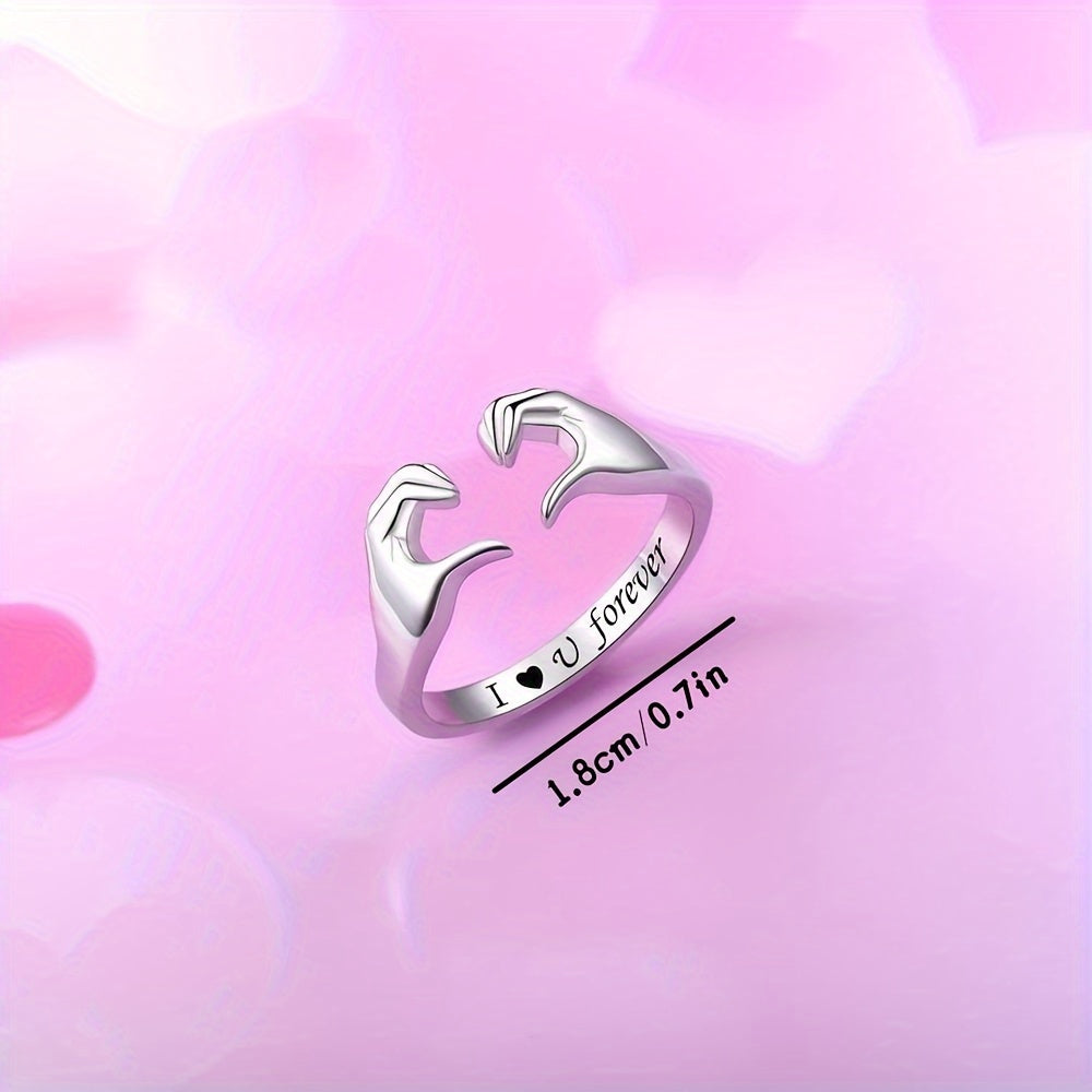 Anello Regolabile Abbraccio Amore Placcato Oro Bianco in Lega di Zinco