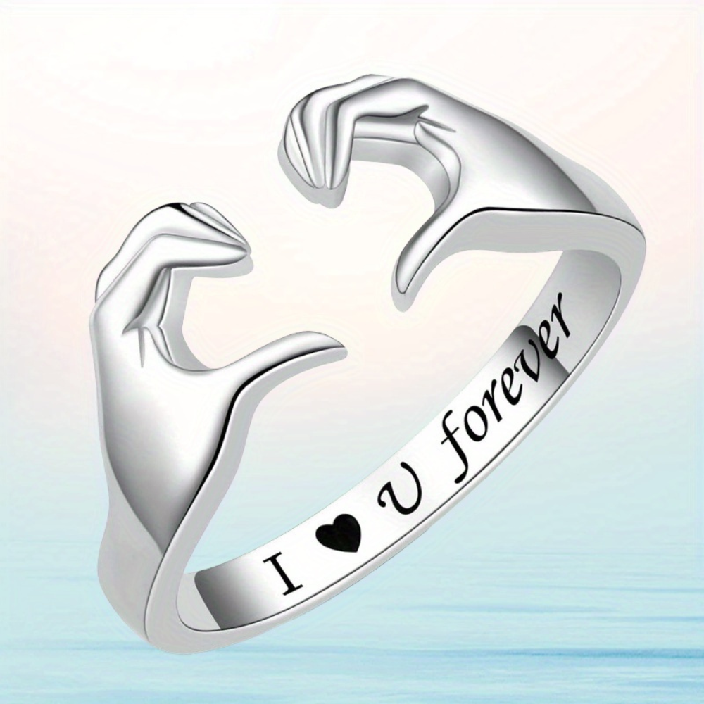 Anello Regolabile Abbraccio Amore Placcato Oro Bianco in Lega di Zinco