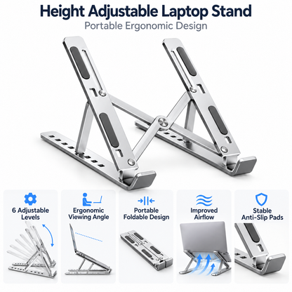 Suporte para portátil ajustável em altura, design ergonómico e portátil