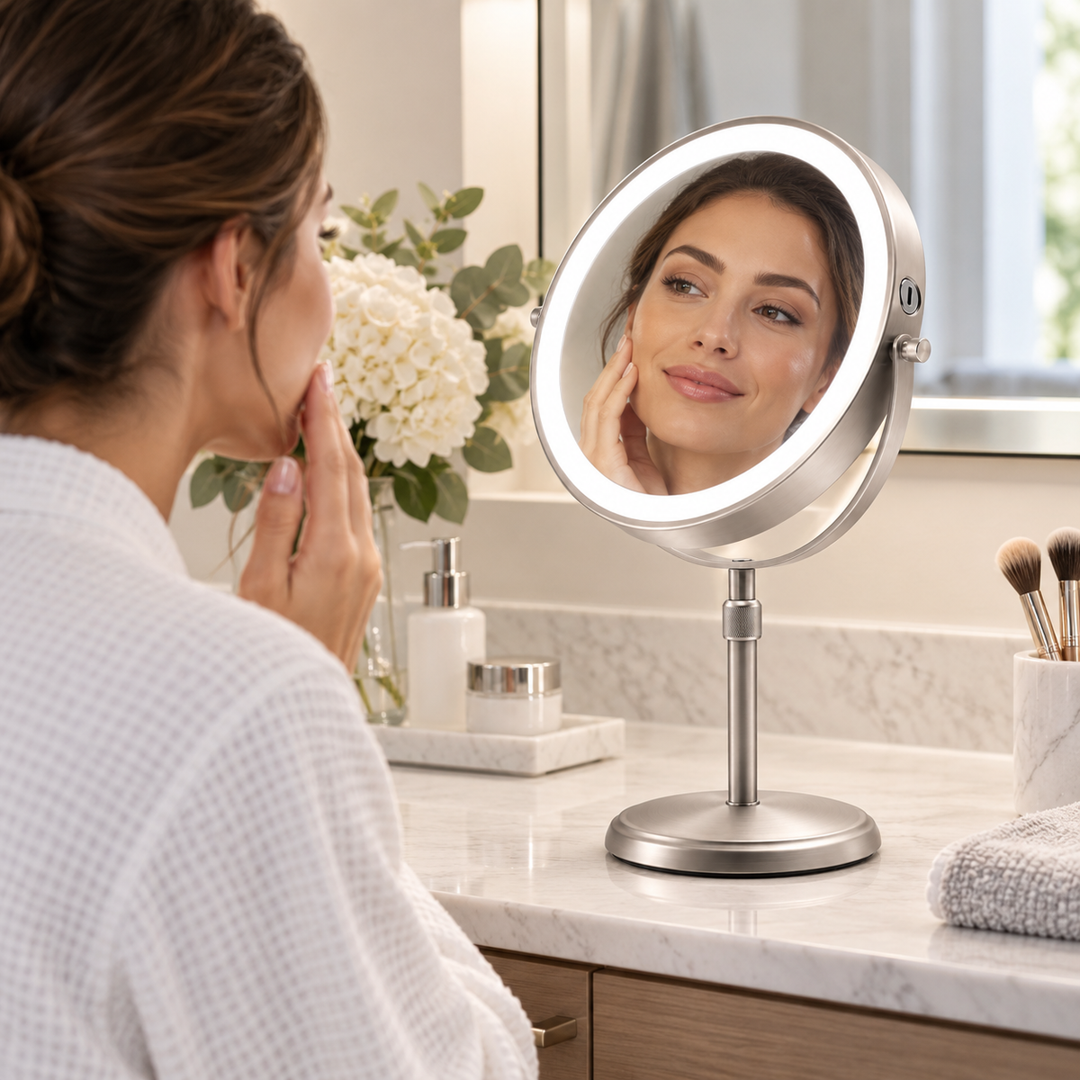 Espejo de maquillaje LED de altura ajustable y diseño de doble cara