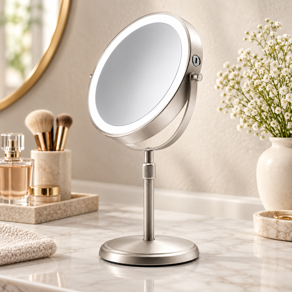 Espejo de maquillaje LED de altura ajustable y diseño de doble cara