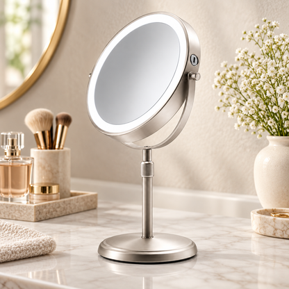 Espejo de maquillaje LED de altura ajustable y diseño de doble cara