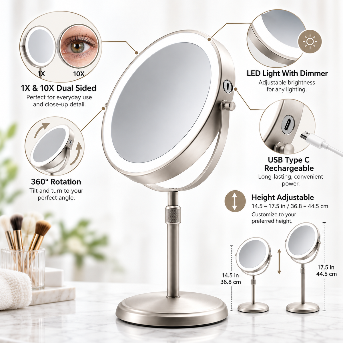 Espejo de maquillaje LED de altura ajustable y diseño de doble cara