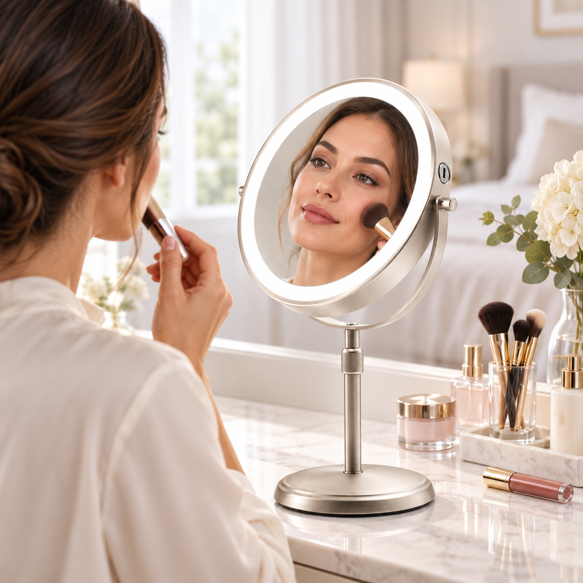 Espejo de maquillaje LED de altura ajustable y diseño de doble cara