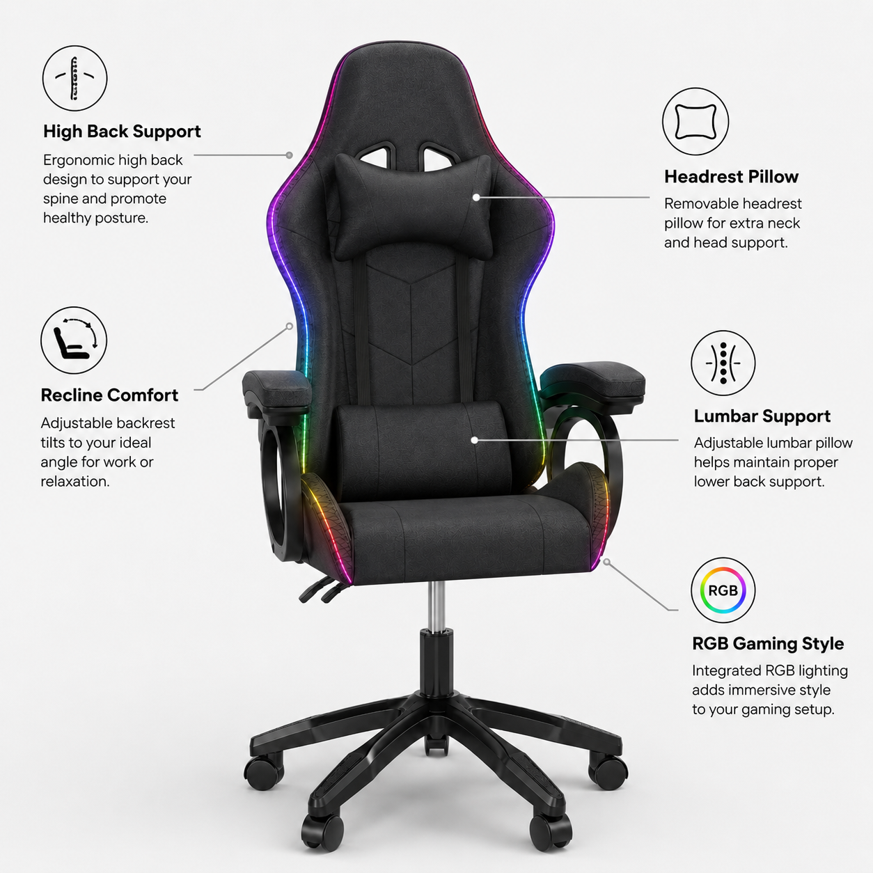 Gamingstol med høj ryg, RGB-belysning, tilbagelæning, nakkestøtte og lændestøtte