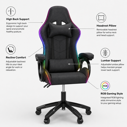 Gamingstol med høj ryg, RGB-belysning, tilbagelæning, nakkestøtte og lændestøtte