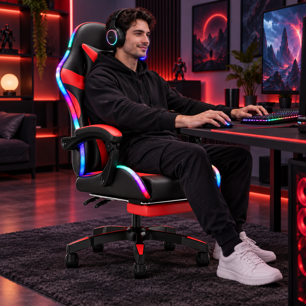 Sedia da gaming con schienale alto, illuminazione RGB, reclinabile, poggiatesta e supporto lombare