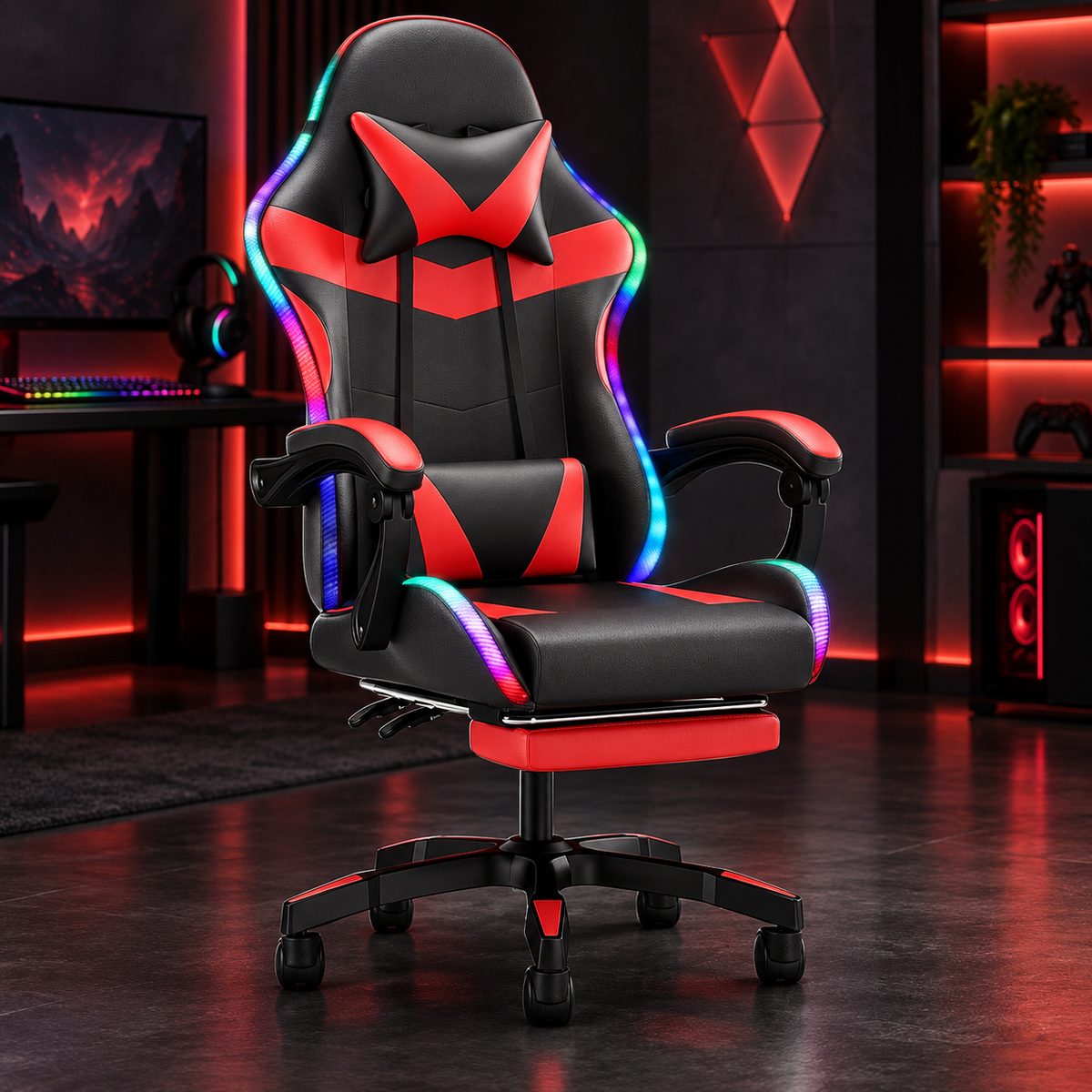 Sedia da gaming con schienale alto, illuminazione RGB, reclinabile, poggiatesta e supporto lombare