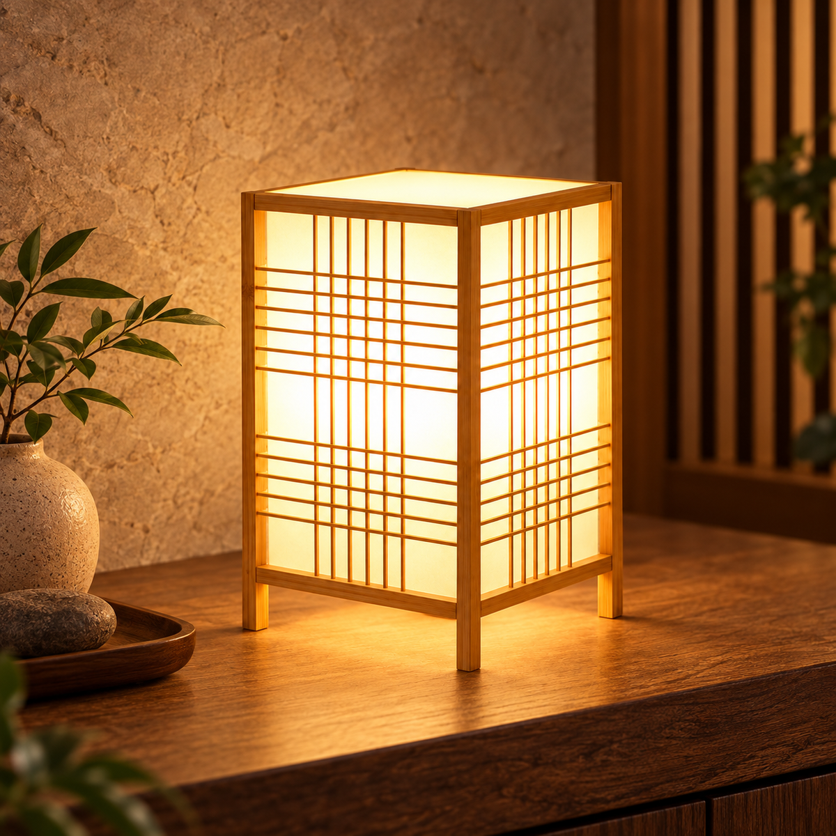 Japanische Bambus-Tischlampe mit sanftem Licht im Zen-Stil