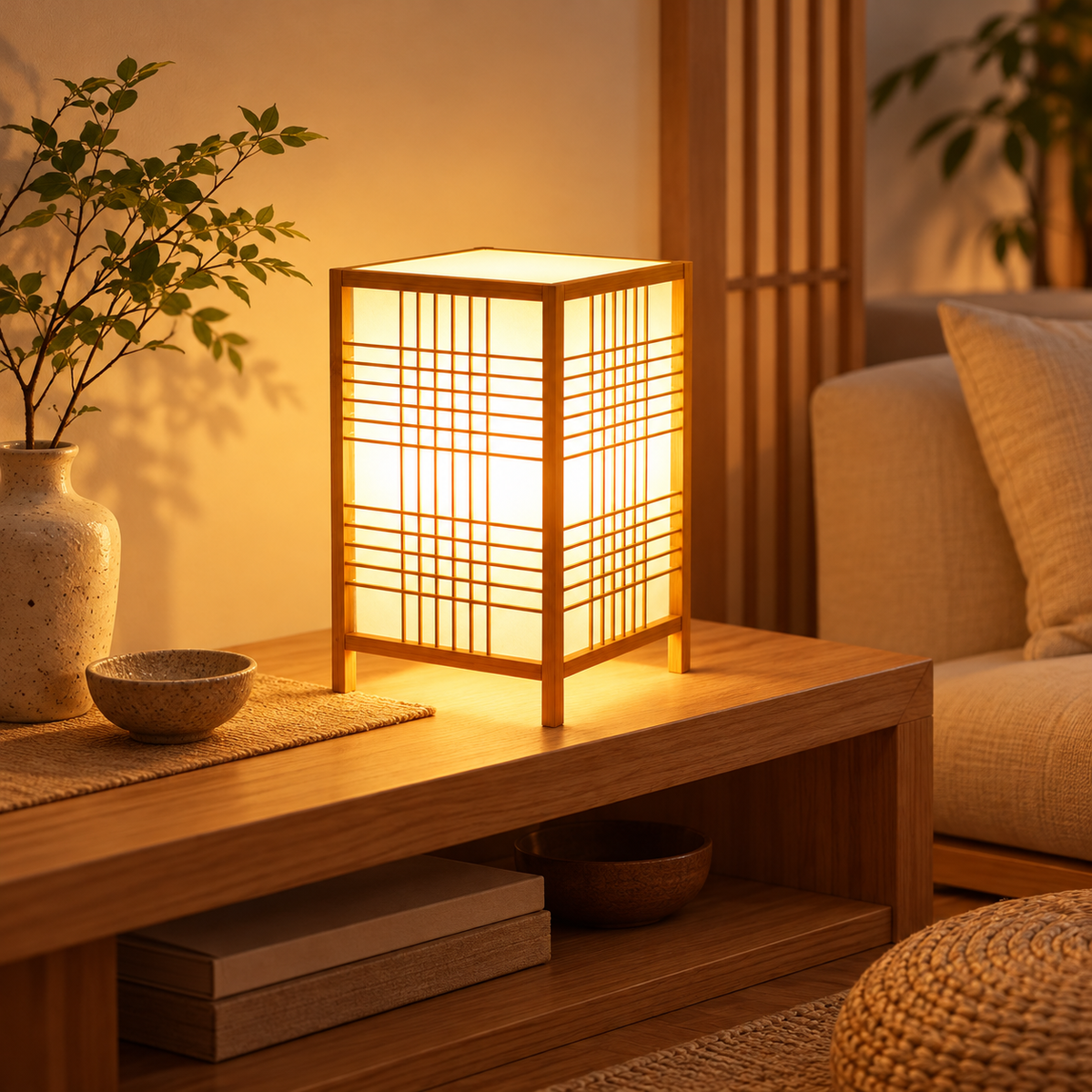 Japanische Bambus-Tischlampe mit sanftem Licht im Zen-Stil