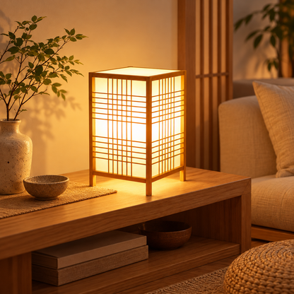 Japanische Bambus-Tischlampe mit sanftem Licht im Zen-Stil