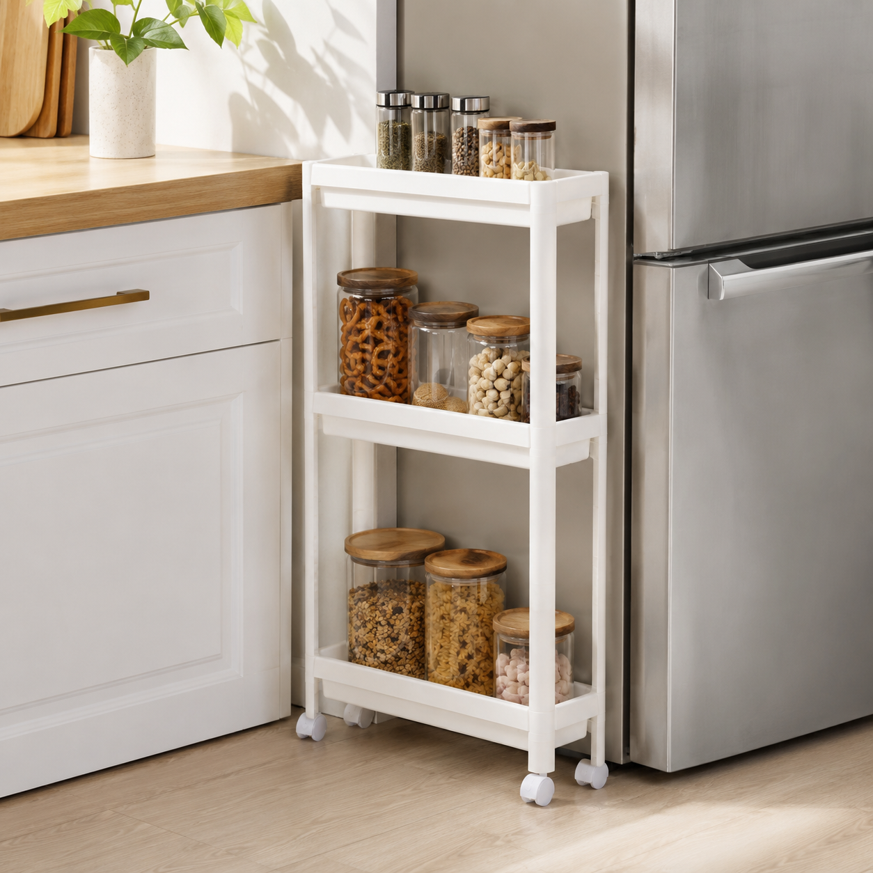Scaffale portaoggetti da cucina con ruote, design salvaspazio