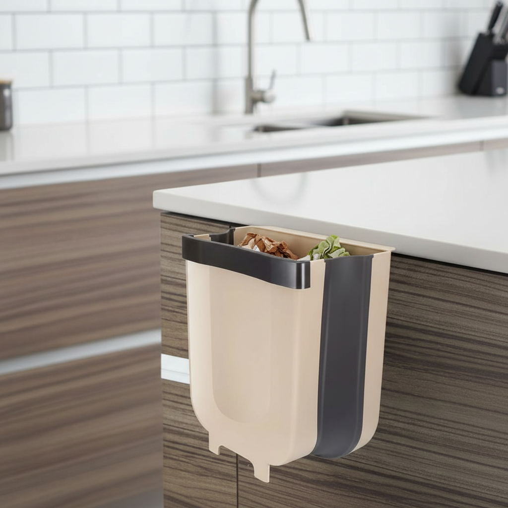Bidone della spazzatura da cucina appendibile pieghevole in plastica per armadietto