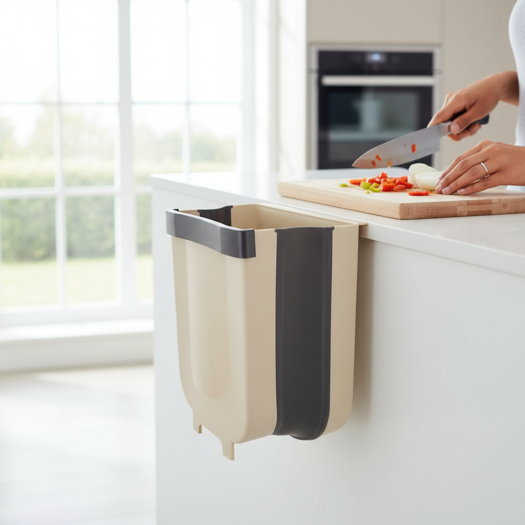 Bidone della spazzatura da cucina appendibile pieghevole in plastica per armadietto