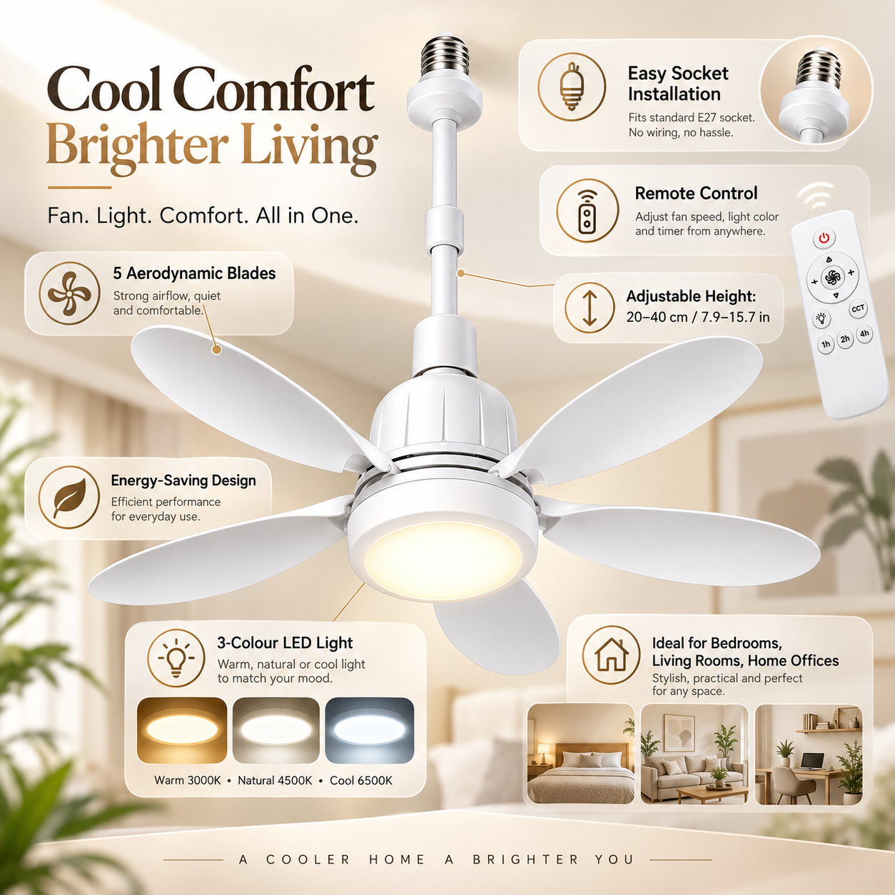 Loftfatningsventilator Loftventilator med lys Fjernbetjening Energibesparende