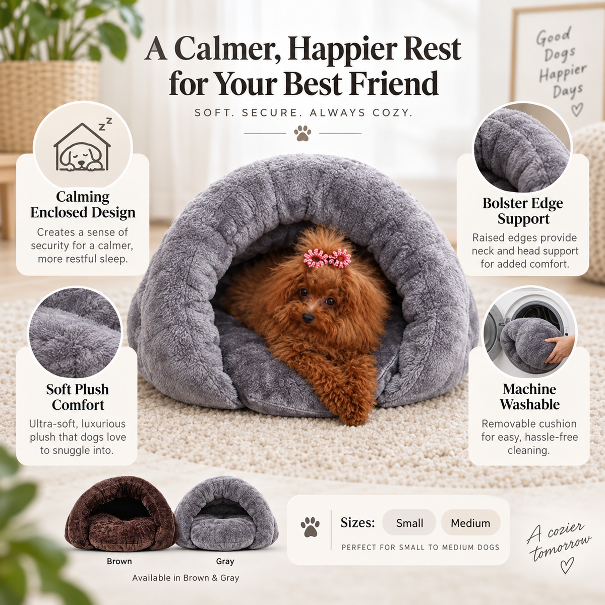 Maskinvaskbar hundeseng med blød, plysset madras og spundet kant