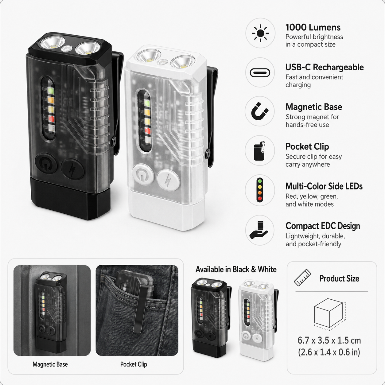 Magnetic Flashlight Portable Rechargeable Pocket Clip