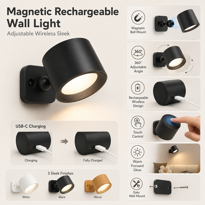Applique murale magnetica ricaricabile, regolabile, wireless ed elegante