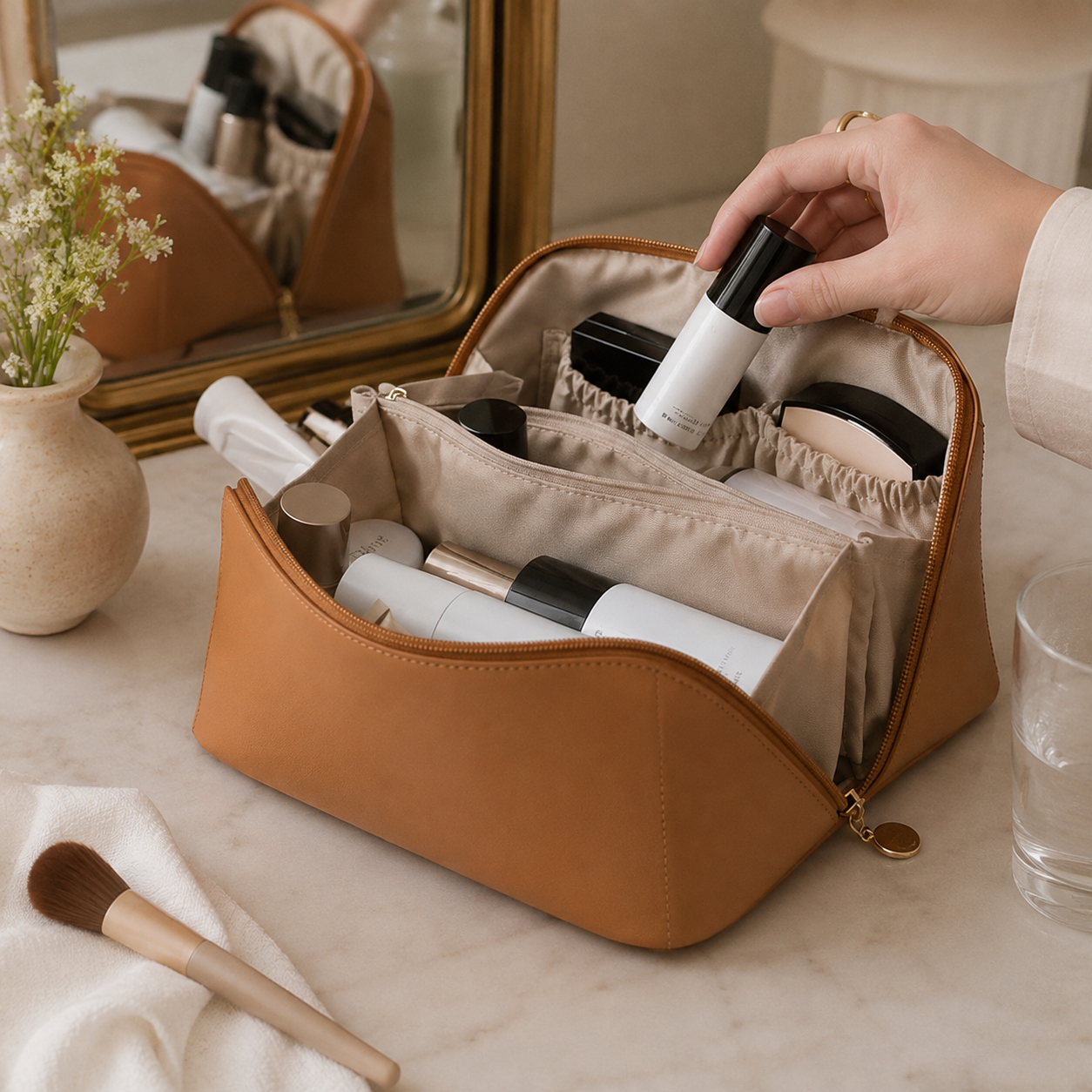 Makeuptaske med kosmetikorganisering og rejsevenligt design