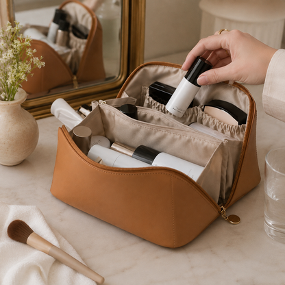 Makeuptaske med kosmetikorganisering og rejsevenligt design