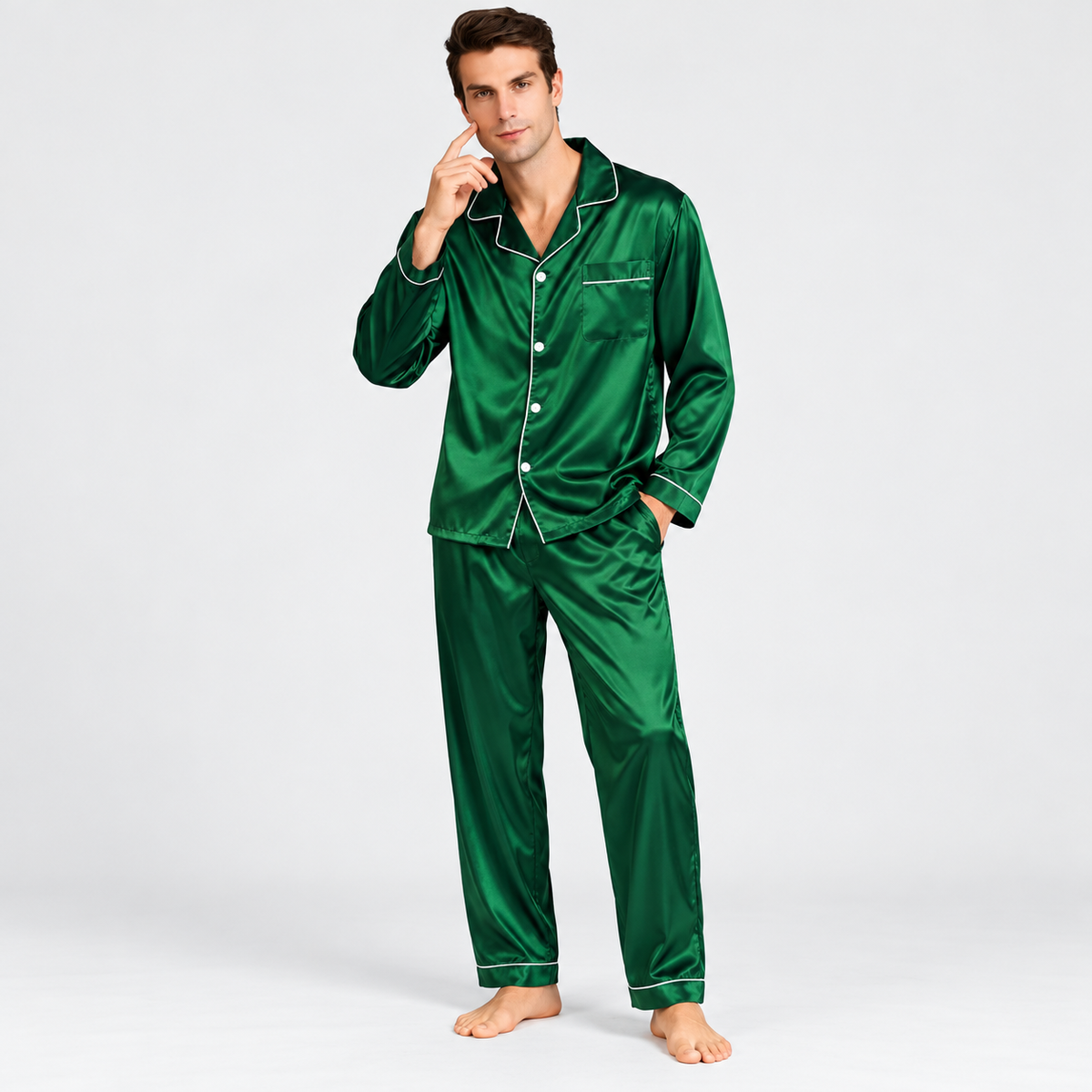 Mænds pyjamas sæt med langærmet overdel | Bukser med elastisk linning