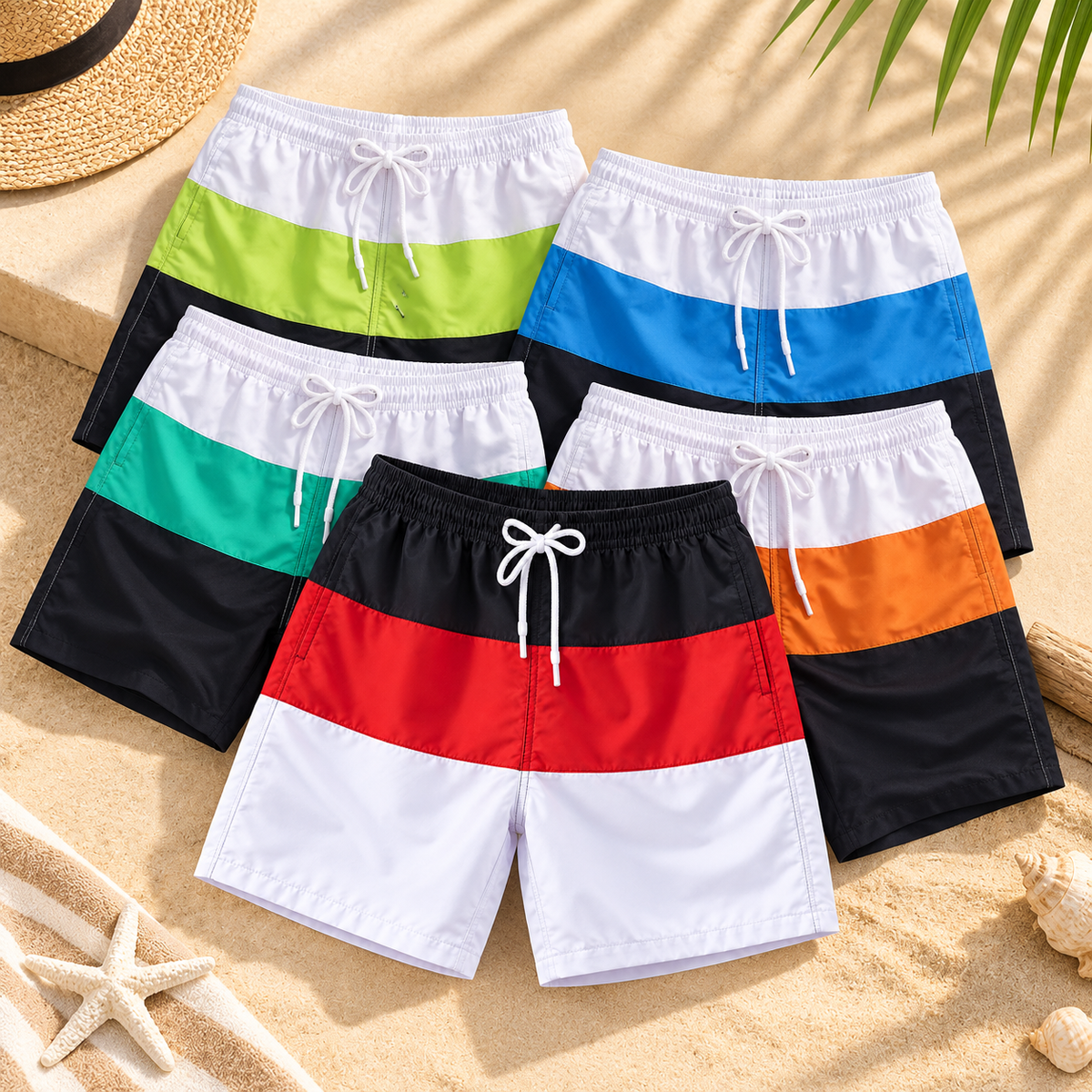 Calções de banho de homem, duráveis e com padrão patchwork | Roupa de praia