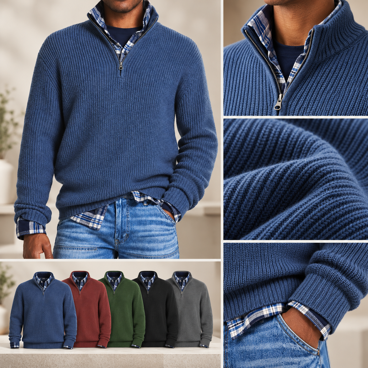 Alsidig business-casual-sweater med lynlås til mænd | Kontortøj