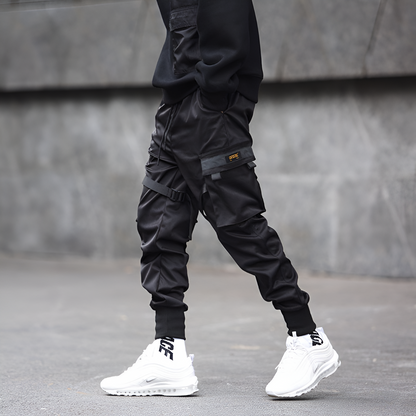 Mens Cargo Pants Black Adjustable Straps Durable Urban Trousers