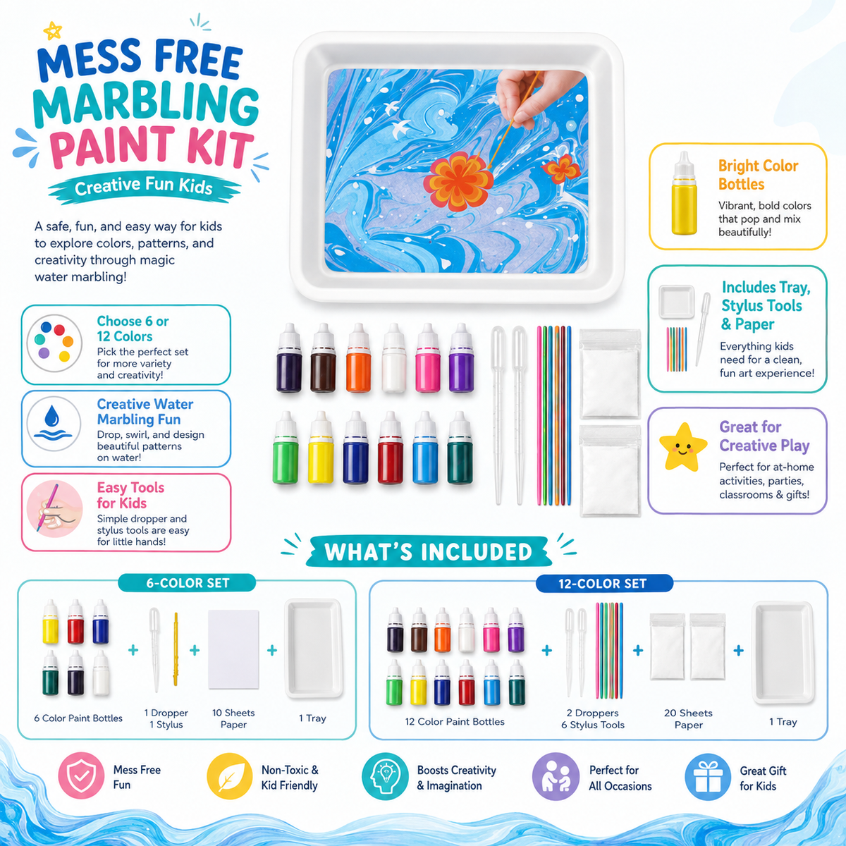 Kit di colori per marmorizzazione senza sporcare, divertimento creativo per bambini